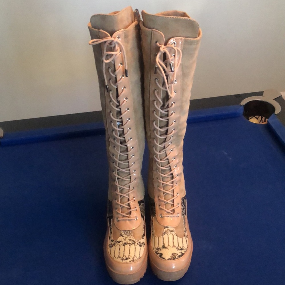 Cape Robbins Zipper Print & Tan Lace-Up Knee-High Boots - Picture 2 of 13